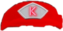 a red hat with a white diamond and the letter k on it