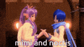 two anime characters giving each other a high five with the words mimi and noctis below them