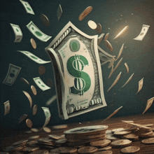 a one dollar bill is surrounded by coins