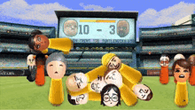 a group of people are playing a video game with a scoreboard that says 10 3