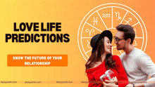 a poster for love life predictions with a man and woman