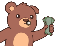 a teddy bear is holding a bunch of money in his hand