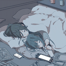 a drawing of two girls laying under a blanket with a nintendo switch in the foreground