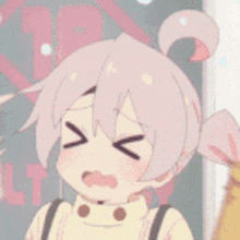a close up of a cartoon girl with her eyes closed and a ponytail .