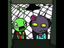 a cartoon of a green monster and a purple monster standing next to each other