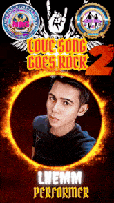 a poster that says love song goes rock with a picture of a man