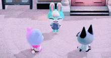 three cartoon characters are standing on a brick sidewalk and one has the letter b on her shirt