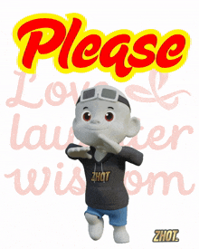 a cartoon character is standing in front of a sign that says please love laughter wisdom