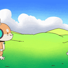 a cartoon drawing of a dog standing in a grassy field