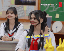 a girl in a school uniform says lin ke toilet buu in front of two other girls