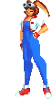 a pixel art of a woman wearing blue overalls and goggles