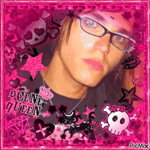 a picture of a girl with glasses and the words scene queen on it