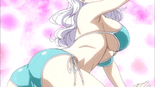 a girl with white hair and a blue bikini top