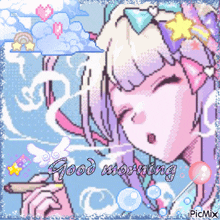 a pixel art of a girl smoking a cigarette with the words good morning