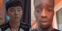 a close up of a man 's face next to another man 's face .