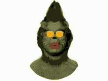 a green gorilla with sunglasses and red lips on its face