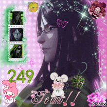 a picture of a man with long hair and the number 249 in green