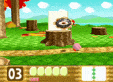 a video game shows a stump with a picture of a donut on it