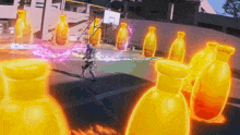 a basketball player is surrounded by a bunch of yellow bottles that say v8 on them
