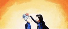 two anime girls are touching each other 's foreheads in front of a fire .