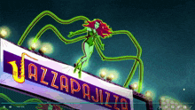 a cartoon drawing of poison ivy flying over a jazzapajiza sign