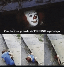 a picture of a clown with the words ven hay un privado de techno aqui abajo on the bottom