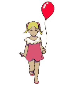 a little girl in a pink dress is running while holding a red balloon