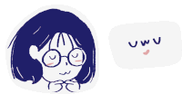 a drawing of a girl with glasses and a speech bubble that says ' uwu '