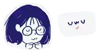 a drawing of a girl with glasses and a speech bubble that says ' uwu '