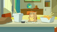 a cartoon drawing of a bear sitting at a table with a bowl of food