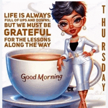 a woman is standing next to a cup of coffee with a good morning message on it .