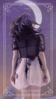 a woman in a dress is standing in front of a crescent moon in a frame that says dreamy romance