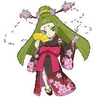 a cartoon drawing of a girl in a kimono with flowers on her hair
