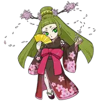a cartoon drawing of a girl in a kimono with flowers on her hair