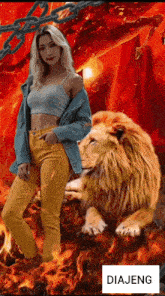 a woman standing next to a lion with diajeng written on the bottom