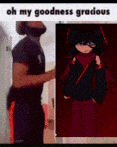 a man with a beard is standing next to a picture of a girl with a sword .