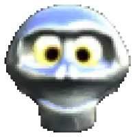 a pixel art drawing of a robot 's face with big eyes .