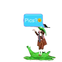 a cartoon of a man with a frog on his head and a speech bubble that says pics
