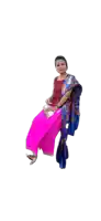 a woman in a red top and pink skirt is sitting down
