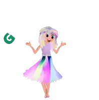 a cartoon girl in a rainbow dress is standing in front of a sign that says good morning