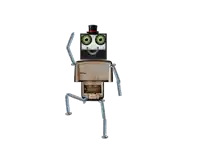 a robot with a top hat and green eyes is standing