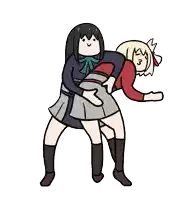 a cartoon of a girl carrying another girl on her shoulders