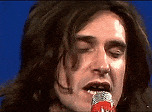 a man with long hair is singing into a microphone