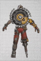 a drawing of a robot with a giant tire on his back