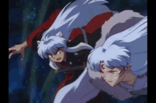 two anime characters , inuyasha and sesshomaru , are standing next to each other .