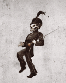 a drawing of a skeleton holding a sword on a white background