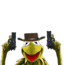 kermit the frog gun cowboy hat shooting firing