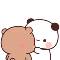a cartoon bear is kissing a panda bear with a heart in the air .