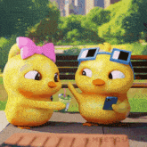 a couple of cartoon ducks are sitting on a bench and one has sunglasses on