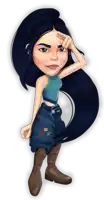 a cartoon drawing of a girl with long black hair and brown boots